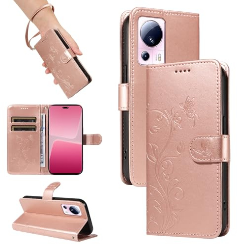 SRISHP Hülle für Xiaomi 13 Lite Handyhülle, Rosé Gold | Premium PU Leder, Handyhülle Mit Band, Magnet Flip Case, Kartenfächer, Ständer Klappbar Tasche, Standfunktion Schutzhülle