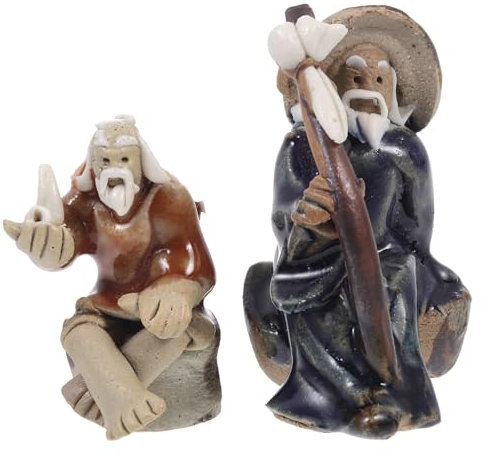 HANABASS 2pcs Chinese Mud man for Micro Landscape Fish Tank, Mini Fisherman Figurines, Zen Miniature Gardening Gnomes Figurines Ornaments Craft Micro Landscape Bonsai Fairy Garden Decorations