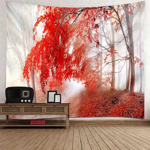 Epinki Wandteppiche Rot Braun, Landschaft Natur Wandteppich Ahorn Baum Pfade Tapisserie aus Polyester, Tapestry für Tischdecke Wohnzimmer Schlafzimmer Decor, 350x256cm