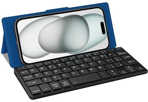 CACOE Tastiera Bluetooth Con Supporto, Mini Portatile Super Leggero, Pieghevole, A Doppio Canale per Cellulare, Smartphone e Altro iOS Android Windows, Mare Blu