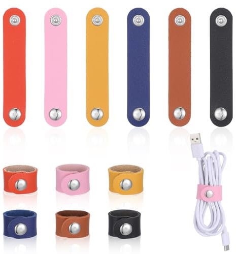 Tyqour 12pcs Leather Cable Straps Cable Organizer Travel Small Cable Ties Reusable Phone Cord Ties Wire Organiser Charging Cord Power Cord Headphone Organizer for Charging Cords