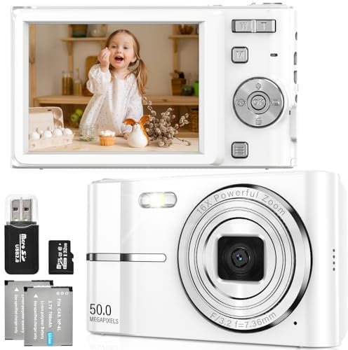 FAYIBUY Macchina Fotografica Digitale 50MP 1080P FHD Fotocamera Digitale con Zoom Digitale 16X Ricaricabile Macchina Digitale Compatta con Scheda da 32GB per Bambini Studenti Principianti (Bianco)