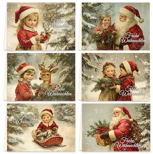 12 Weihnachtskarten Vintage Klappkarten Karten mit Umschlägen Magie der Weihnacht Karte Umschlag Frohe Weihnachten Merry Christmas xmas Weihnachtskarte Weihnachtsmann Kinder Schnee Wald