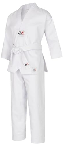 Costume de taekwondo PX BUDO KIDS blanc à revers en V pour enfant (veste à enfiler, pantalon élastique, ceinture blanche), Blanc., 120 cm