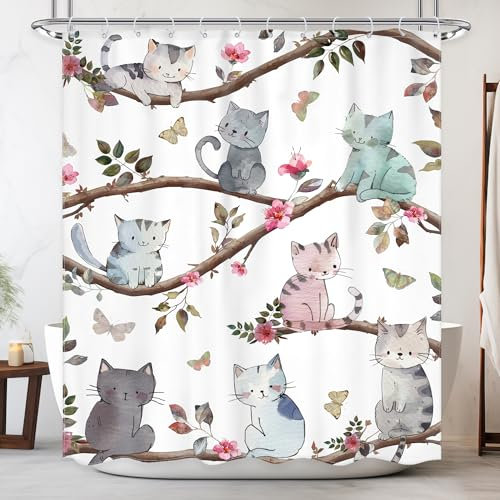 Newsely Tenda da doccia per bambini con gatto divertente 152,4 cm L x 182,9 cm L pollici carino animale cartone animato animale domestico gattino rosa floreale fiore tenda da doccia set da bagno