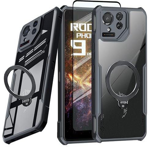 Guizzcg Coque de protection pour Asus ROG Phone 9 Pro - Avec support annulaire - Pare-chocs en TPU souple + dos airbag acrylique - Anti-chocs et aux chutes - 1 pièce de protection - Support noir