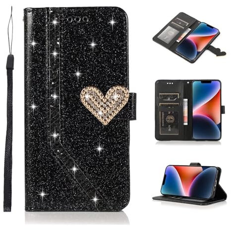 ATISIJIE for iPhone 7/8 Glitter Wallet Case,Glitter PU Leather Case Card Holder Wrist Strap Inlaid Heart Diamond Flip Cover for iPhone 7/8-Black