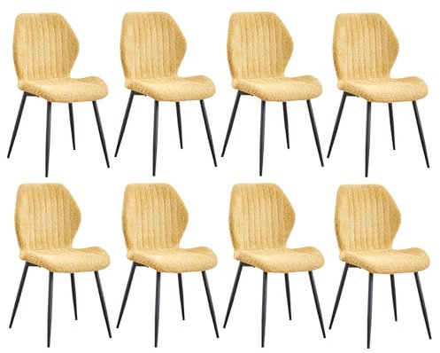 JZGORC Lot de 8 Chaise de Salle à Manger, Chaise de Cuisine en Lin, avec Pieds en Métal Noir, Coussin en Tissu Rempli D'éponge à Rebond Haute Densité, Convient pour Salle à Manger, Cuisine - Jaune