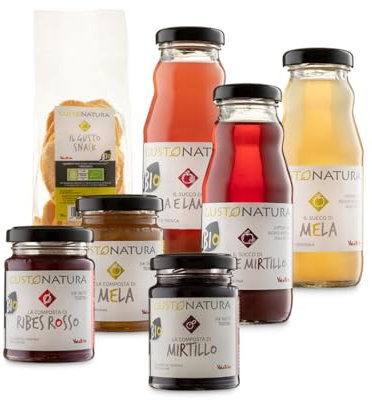 Gustonatura - Boîte de dégustation 7 unité biologique - 3 boutilles Jus de fruits 100%, 3 pots confitures de fruits, 30g pommes séchées - Artisanal Origine Italie, Trentino Alto Adige - Made in Italy