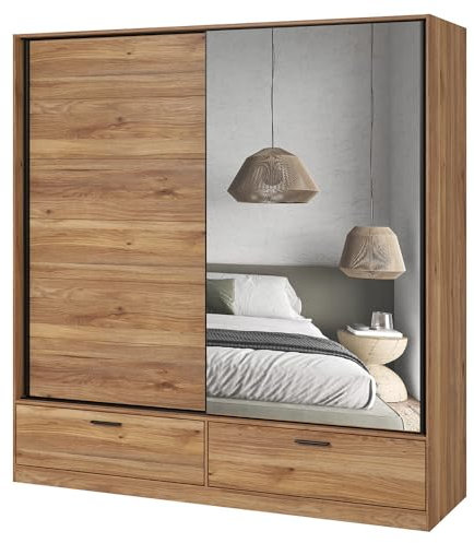 Lomadox Schlafzimmer Schwebetürenschrank Kleiderschrank mit 180 cm Breite in Eiche mit schwarz, mit Spiegeltür und 2 Schubladen