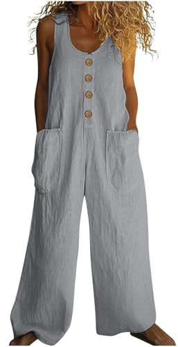 EMATOP Leinen Jumpsuit Damen Lang Weites Bein Latzhose Sommer Lässig Ärmellos Trägerhose Loose Fit Elegant Overall Bequem Baumwolle Playsuit mit Taschen Strampler Einfarbig Leicht Arbeitshose