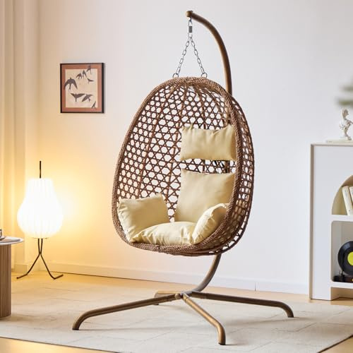 Indoor Hanging Chair with Stand for Bedroom, Hexagon Rattan Wicker Swing Egg Chair for Bedroom Porch Garden Patio Outdoor, Hammock Egg Swing Chair with Cushion,350LBS Capacity (Beige)
