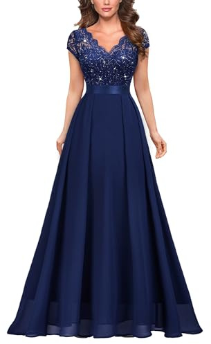 MIUSOL Women's Elegant V-Neck Lace Emprie Waist Bridesmaids Party Gown Formal Maxi Dress