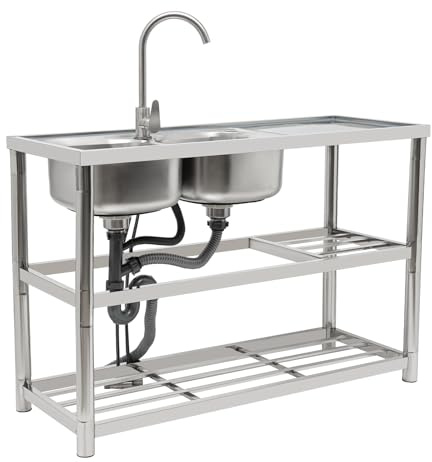 Fregadero de cocina de acero inoxidable, fregadero de cocina, 3 niveles, cascada con 2 cuencos, 120 x 45 x 80 cm, lavabo con grifo y guantes para taller de jardín (grifo de agua caliente y fría)