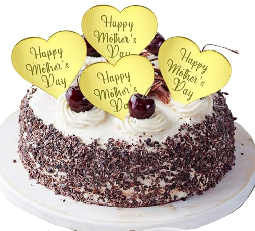 12 Pcs Happy Mother's Day Cake Toppers, Gold Acrylic Mothers Day Cupcake Toppers, Holiday Cake with Love Heart for Best Mom Party Decorations