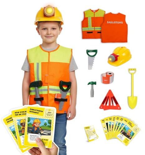 alldoro Rollenspielsets Feuerwehr/Polizei/Bauleiter, Kostüm mit Weste, Kopfbedeckung & Zubehör, inkl. Spielkarten, für Kinder ab 3 Jahren