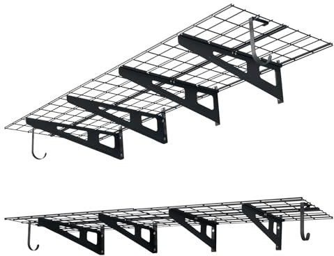 VEVOR Set di 2 Mensole da Parete per Garage, Scaffali in Metallo da Muro a 2 Livelli, 61 x 182,8 cm per Mensola, Portata Totale di 454 kg, con Ganci Portautensili, Soluzione Salvaspazio per Officina