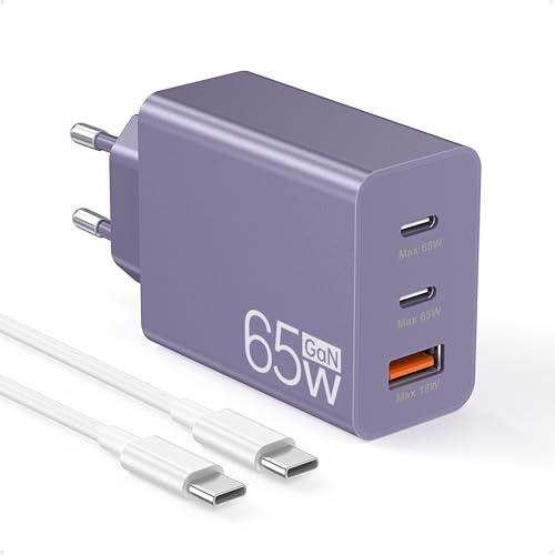 Anykon 65W USB C Ladegerät, 3 Port GaN Netzteil Adapter, USB C PD 3.0 PPS Schnellladegerät mit 2M Kabel für MacBook Air Pro M1/M2,iPhone 17 Pro Max/16/15/14/13,Switch,Galaxy S24 Ultra/S23/S22,Tablet