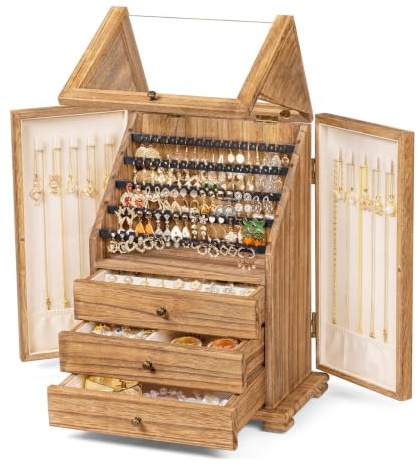 amoard Boîte à Bijoux en Bois, Grande Boîte à Bijoux pour Femme, Organiseur de bijoux à 4 étages,adapté pour colliers, boucles d'oreilles, bracelets et bagues(Marron)