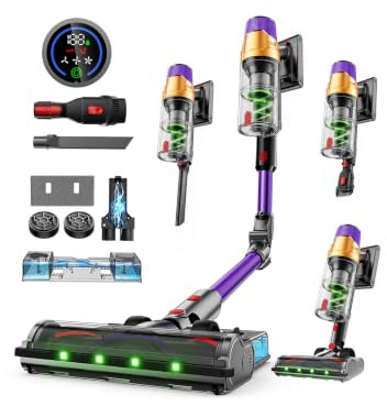 A12 Aspiradora sin Cable 50Kpa/600W/70Min, Aspirador Escoba con Depósito de Agua Extraíble, Tubo Plegable, Pantalla LED, Anti-Enredos, Batería Extraíble, para Alfombras y Mascotas (Morado Pálido)