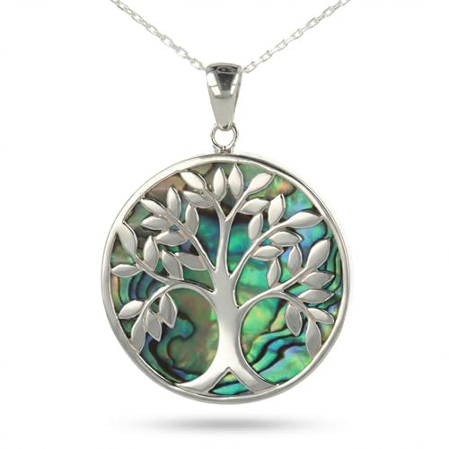 Aden Collier Argent 925 Nacre Abalone Arbre Vie Ovale 20x15mm Pendentif | Nacre Abalone naturelle aux reflets irisés, monture polie, ultra-léger 4g, argent 925 poinçonné, entretien simple