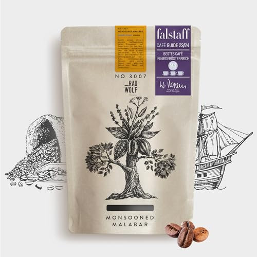 RAUWOLF RÖSTHAUS + BREWBAR Arabica Kaffeebohnen 3007 MONSOONED MALABAR [Falstaff prämiert] 250g Espresso ganze Bohnen für Kaffeevollautomat und Siebträgermaschine mit Mahlwerk