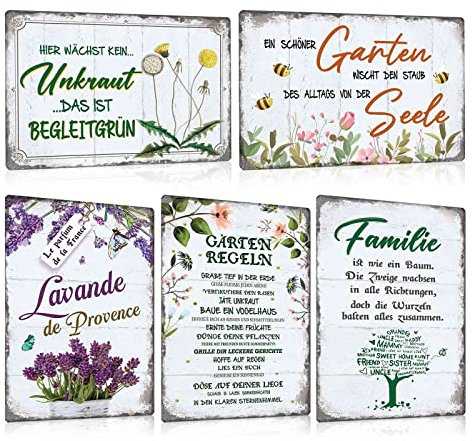 ZDFDC 5er Blechschilder Set Garten 20x30cm - Vintage Gartenschilder mit Sprüchen Lustig - Garten-regeln - Lavande Blumen - Wetterfest Metall-schild Deko Geschenk für Gärtner Gartentor Draußen