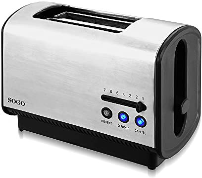 SOGO Tostadora de Acero Inoxidable con 2 Altavoces y 900W - Tostador con 8 Botones de Control y Funciones Multilingües - Bandeja de Migas Extraíble y 6 Accesorios - Tostado Rápido y Uniforme