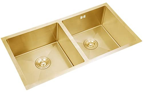 Kitchen Sink Fregaderos De Cocina, Fregadero De Cocina De Preparación De Barra De Doble Tazón Cuadrado Dorado, Acero Inoxidable 304, Instalación Empotrada O Bajo Cubierta, Fácil De Limpiar