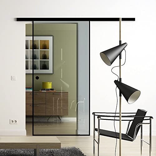 Rahmen-Glas-Schiebetür 900x2050 mm Klarglas Sadora® Slimline-System komplett Laufschiene in Schwarz und Muschelgriffen