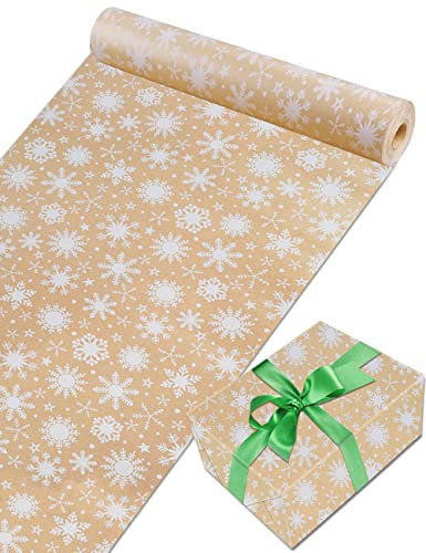 Toypopor Geschenkpapierrolle 44 cm x 30 m, 13 Stile, umweltfreundlich, recyceltes Geschenkpapier zur Auswahl, 100 g/m², dickes Kraftpapier für Geschenke, Urlaub, Party (Schneeflocken - Braun )