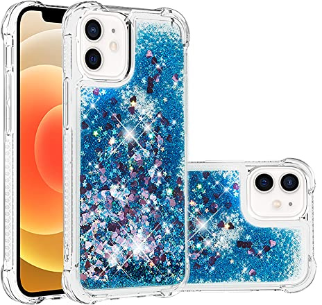 IMEIKONST Glitter Liquid Case for iPhone 12/12 Pro 6.1 Clear Love Blue YBW | Sparkly Bling Quicksand Flowing Transparent Cover, TPU Bumper Silicone Shockproof Protective, Lovely Case for Women Girls