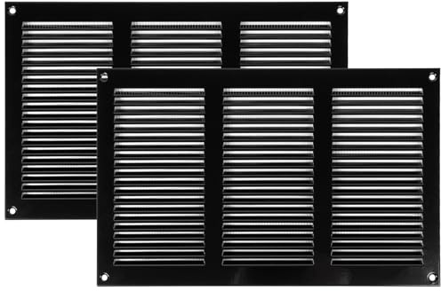 Vent Systems 30 x 20 cm - Packung mit 2 Lüftungsschlitz-Abdeckungen – Schwarz – Metall-Luftrücklaufgitter mit eingebautem Schädlingsschutz-Bildschirm