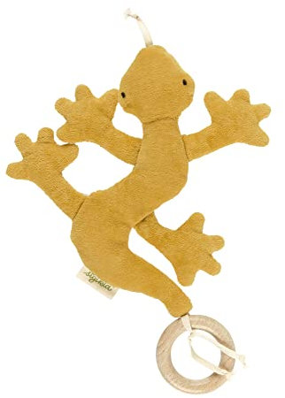 SIGIKID 39712 Greifling Eidechse Green, Babyspielzeug und Handschmeichler aus Bio-Baumwolle mit Granulatfüllung mit Holzring zum Greifen, Fühlen, Spielen für Babys von 3-12 Monaten, Gelb, 20x17x2 cm