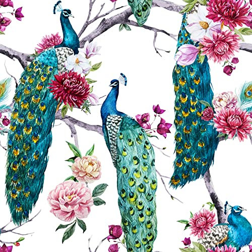 ReWallpaper 44.5CM X 7M Fototapete Selbstklebend Pfau Blumentapete Vintage Tapete Pfau Petrol Selbstklebende Tapete Grün Mit Blumen Rosa Retro Vintage Klebefolie Für Wand Möbel Folie Kleben Muster