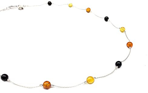 Halskette Damen Sterling Silber 925 mit Bernstein Kugeln 4mm, 45cm oder 50cm verfügbar, echter baltischer Bernstein, Schmuck Kollektion W 22/23 (Mehrfarbig, 45)