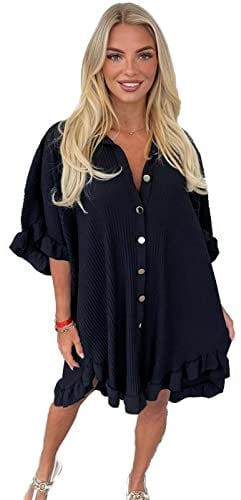 eyes Women’s Gold Button Pleated Short Sleeve Plain Collared Frill Hem Ladies Casual Loose Fit Oversized Baggy Plus Size Swing Summer Dresses for Women Black One Size 8-22
