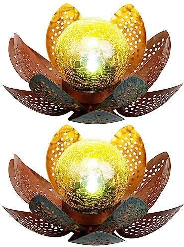 Garten Außenlampen Solarleuchte dekorative LED Solarleuchte im Lotusblüten Design, Glaskugel goldfarben, LED, D 22cm, Terrasse, 2er Set