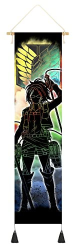 Hanging Poster Canvas Wall Art Painting of Japanese Anime Characters Cartoon Role Tapestry Attack On Titan Wall Tapestry With 2 Tassels And Wooden Hanging Rod Wall Decor Tapestry For Room (Style-D)