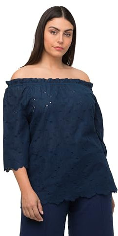 Ulla Popken Femme Grandes Tailles Blouse à col Carmen, Coupe trapèze épaules Nues, Manches Courtes et Dentelle Bleu Acier 46+ 817500741-46+