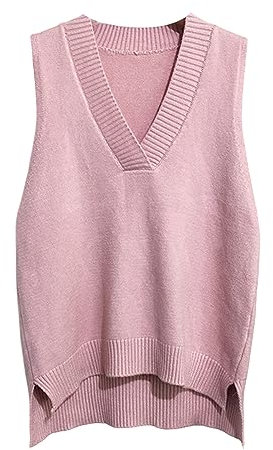 Pulls sans Manches Col V Gilet Sweat Tricot Gilet Top Ourlet irrégulier Couleur Unie Femmes (as4, Alpha, One_Size, Regular, Regular, Rose)