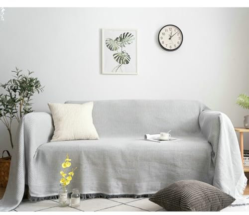 Ayoiow Sofa Überzug Joom Bezug Sofa Grau Sofahusse 2 Sitzer Baumwolle Einfarbig Mit Quasten