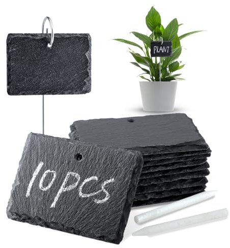 WLWNWFT Outdoor Plant Labels Slate with Stakes & 2 Chalk Pencils, Waterproof for Seed Herb Seedling Vegetable Flower Potted Plants(10 Pieces, 3.94x2.76in)