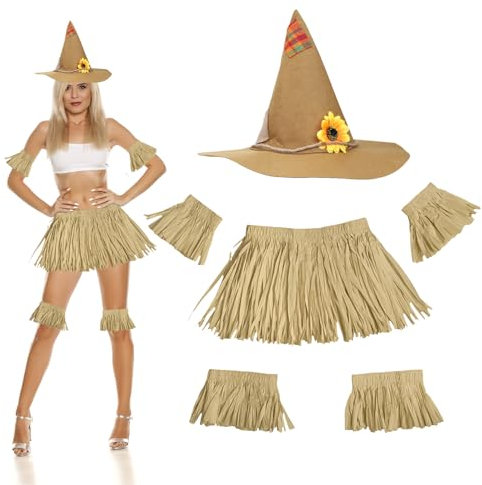 Nereds 6Pcs Scarecrow Straw Kit Felt Scarecrow Hat Raffia Scarecrow Costume Neck Arm Ankle Ties for Halloween Dress-up Decoration