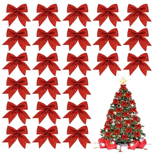 MOTONG 24 PCS Small Red Christmas Bows,Glitter Christmas Tree Bows Wreaths Xmas Tree Ornaments Decorative Bows for Tree Decorations,Sequin Bow Ties Christmas Bowknot for Garland,Party,Gift Box Decor