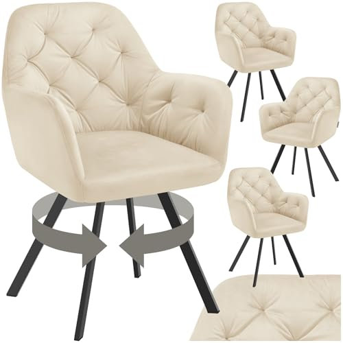 tectake® 4er Set Esszimmerstühle drehbar mit Armlehne, Samtstoff Drehstuhl ergonomisch, Möbel für Wohnzimmer, Stühle für Dining Lounge, Office, als Schminkstuhl oder Schreibtischstuhl - Creme