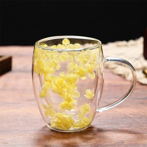 RXMORI Double Wall Glass Coffee Mug, Clear Flower Coffee Mug with Handle, 350 ml Unique Flower Filler Glass Coffee Cups for Tea Milk Latte Hot Cold Beverage Wine Espresso (Yellow)