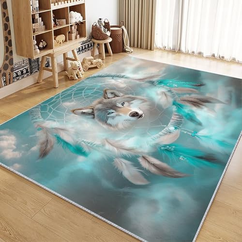 Generisch Moderner Teppich Traumfänger Grüner Federwolf 120x180cm Wohnzimmer Teppich Weich Kurzflor Teppich Waschbar rutschfest Design für Schlafzimmer, Esszimmer, Küchen