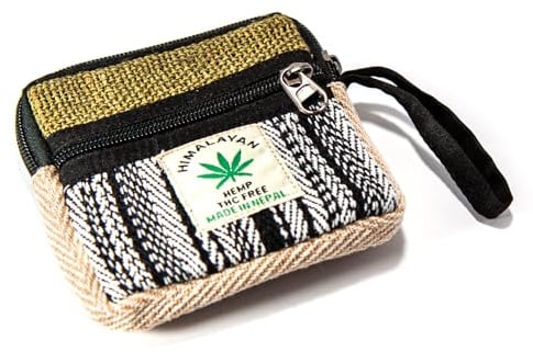 Himalayan Hemp Geldbörse – praktisches Portemonnaie aus Hanf, handgefertigt in Nepal. Jede Tasche ein Unikat mit 2 Reißverschlussfächern. Nachhaltiges Naturprodukt, kreatives Geschenk (Burlap Black)
