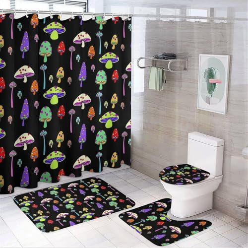 KWQDOZF Badezimmer-Set „Psychedelische Halluzinationen mit Pilzen, vierteilig, mit Duschvorhang und Teppichen – Elegantes Dekor für EIN ruhiges Badeerlebnis
